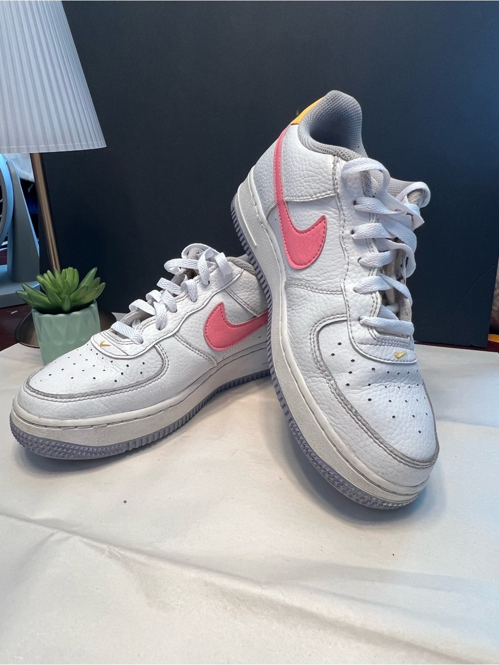 Nike Air Force 1s with Coral Swoosh and Yellow Accent Size 6Y (women’s size 8)